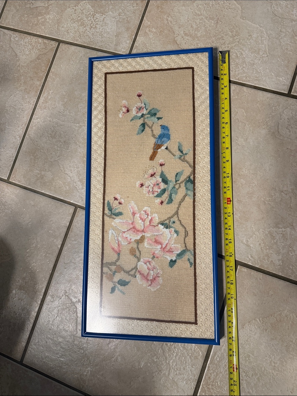 Vintage Large Floral Cross-Stitch Panel with Blue Bird - Framed - Picture 3 of 5